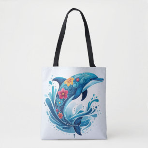 Ornate Dolphin with Floral Design - Vibrant Ocean Tote Bag