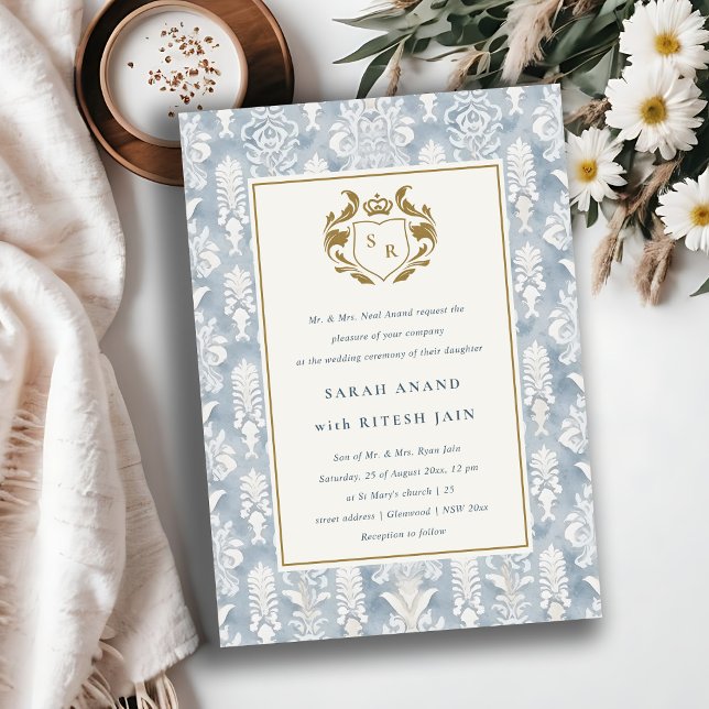 Ornate Dusky Blue Gold Damask Watercolor Wedding Invitation (Creator Uploaded)