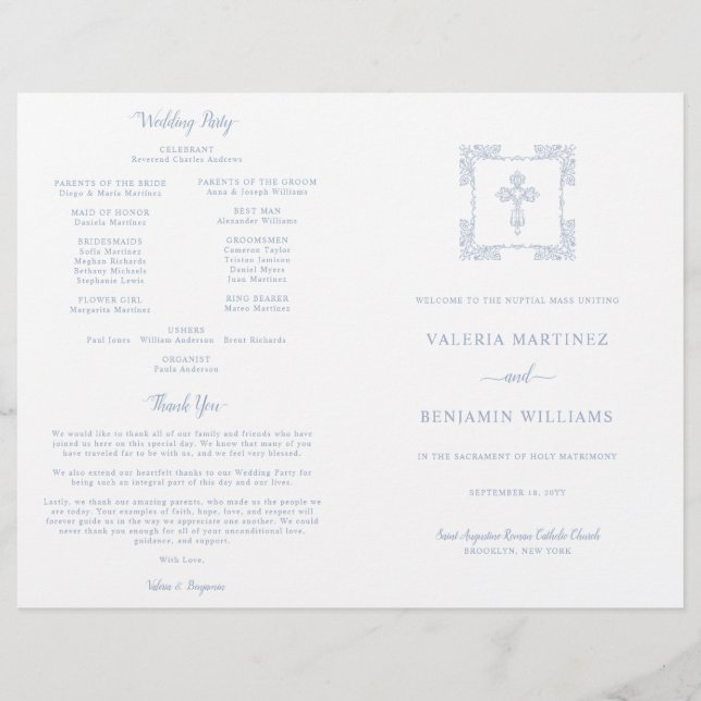 Ornate Dusty Blue Catholic Wedding Mass Program (Front)