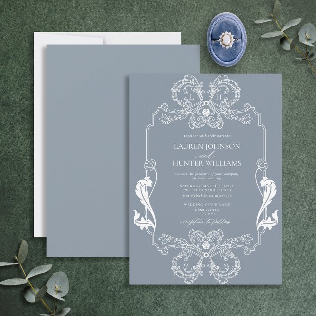 Ornate Dusty Blue Floral Line Art Monogram Wedding Invitation (Creator Uploaded)