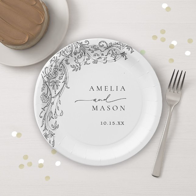 Ornate Elegant Black and White Paper Wedding Paper Plate (Ornate Elegant Black and White Paper Wedding Paper Plates)