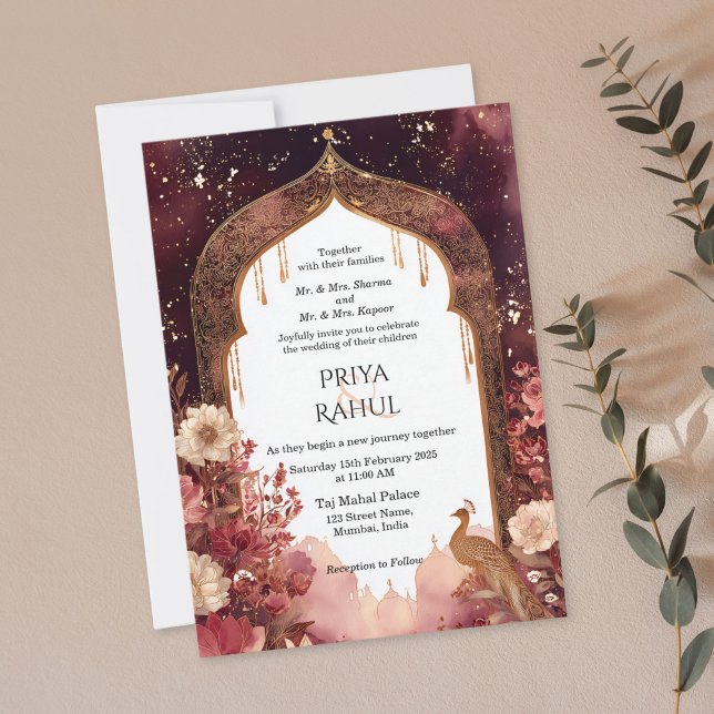 Ornate Elegant Gold Floral Indian Arch Wedding Invitation (maroon and gold floral indian arch wedding invitation)