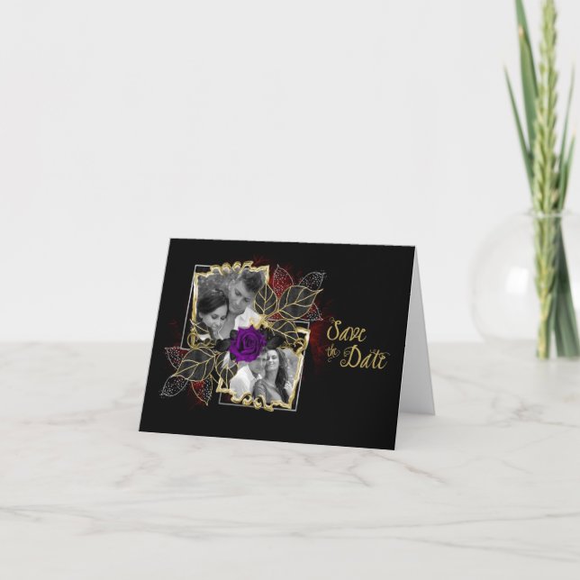 Ornate Elegant Photo Save the Date Purple Rose Card (Front)
