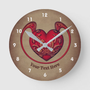 Ornate Elegant Red Heart Design Personalised Round Clock