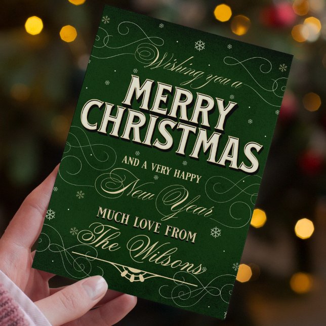 Ornate Elegant Traditional Photo Green Christmas Holiday Card (Merry christmas and happy new year photo christmas card elegant ornate maximalist green script )