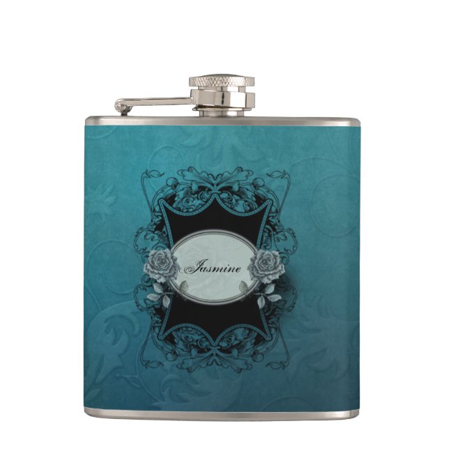 Ornate Engraved Blue Damask Hip Flask (Front)