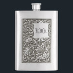 Ornate Engraved Vintage Scrolls Monogram Hip Flask<br><div class="desc">Silver dimensional engraved leaves and vines with banner on a transparent background.</div>