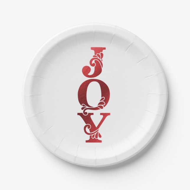 Ornate Faux-foiled JOY Christmas Holiday Paper Plate (Front)