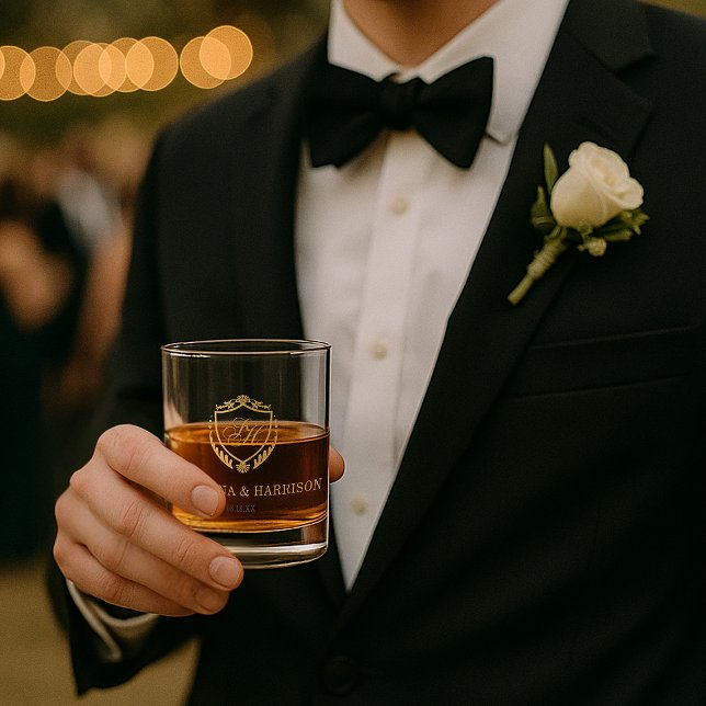 Ornate Faux Gold Crest Custom Monogram Wedding Whiskey Glass (Ornate Faux Gold Crest Custom Monogram Wedding Whiskey Glass)