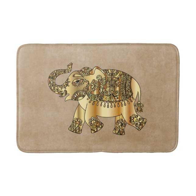Ornate Faux Gold Elephant and Brown Bath Mat (Front)