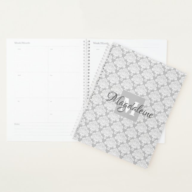 Ornate Feminine Grey & White Damask Name Monogram Planner (Display)