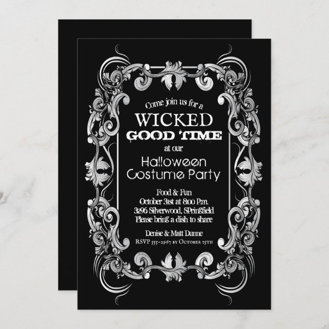 Ornate Filigree Border on Black Halloween Invites (Front/Back)