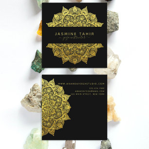 Ornate Filigree Gold Black Mandala Yoga Instructor Square Business Card