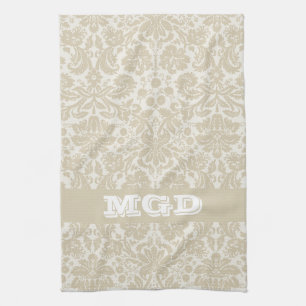 Ornate floral art nouveau pattern beige monogram tea towel