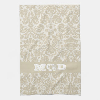 Ornate floral art nouveau pattern beige monogram tea towel