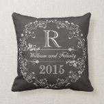 Ornate Floral Chalkboard Monogram Wedding Year Cushion<br><div class="desc">Celebrate the wedding year or anniversary of your favourite bride and groom with this customised keepsake! A fancy,  elegantly detailed white scroll and flower border on a black chalkboard background surrounds a monogram,  couple's names and wedding year. Makes a beautiful,  modern,  personalised gift.</div>