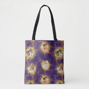 Ornate Floral Damask Cute Kitty Cat - Royal Purple Tote Bag