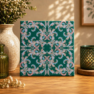 Ornate Floral Filigree Tile in Hunter Green