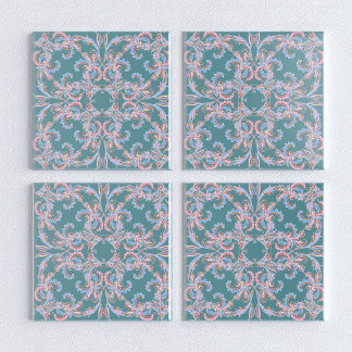 Ornate Floral Filigree Tile in Teal Blue