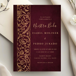 Ornate Floral Gold Burgundy Nuestra Boda Wedding Invitation