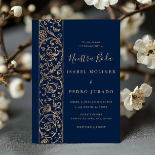 Ornate Floral Gold Navy Nuestra Boda Wedding Invitation