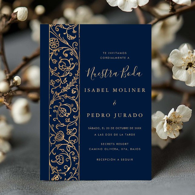 Ornate Floral Gold Navy Nuestra Boda Wedding Invitation (Creator Uploaded)