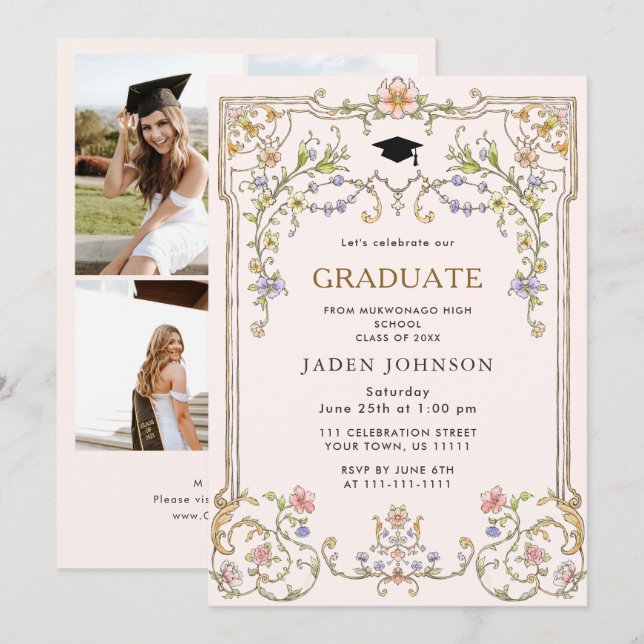 Ornate Floral Grace Boho 4 Photo Graduation Party Invitation (Front/Back)