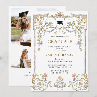 Ornate Floral Grace Boho 4 Photo Graduation Party Invitation