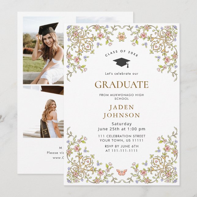 Ornate Floral Grace Boho 4 Photo Graduation Party Invitation (Front/Back)