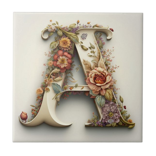 Ornate Floral Letter A  Ceramic Tile (Front)