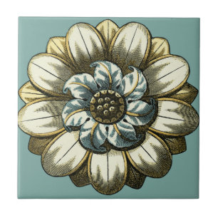 Ornate Floral Medallion on Light Blue Background Ceramic Tile