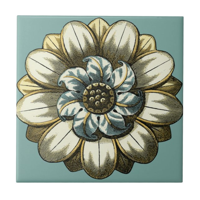 Ornate Floral Medallion on Light Blue Background Ceramic Tile (Front)