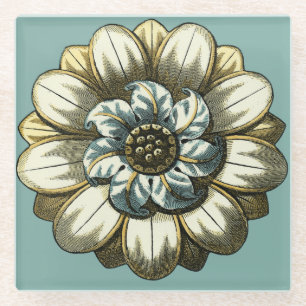 Ornate Floral Medallion on Light Blue Background Glass Coaster