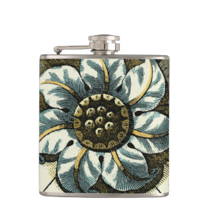 Ornate Floral Medallion on Light Blue Background Hip Flask