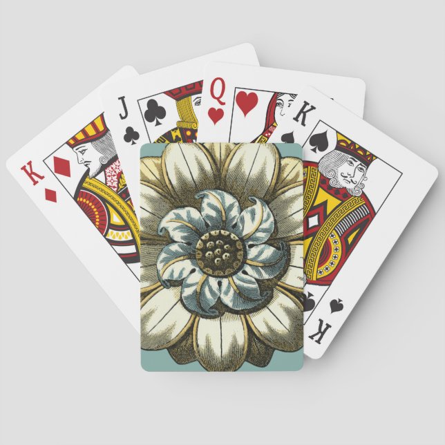 Ornate Floral Medallion on Light Blue Background Playing Cards (Back)