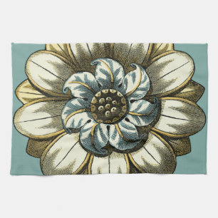 Ornate Floral Medallion on Light Blue Background Tea Towel