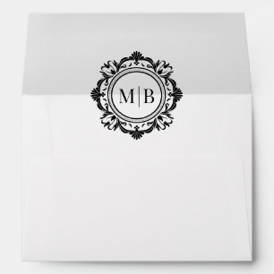 Ornate Floral Monogram Black White Wedding Envelope