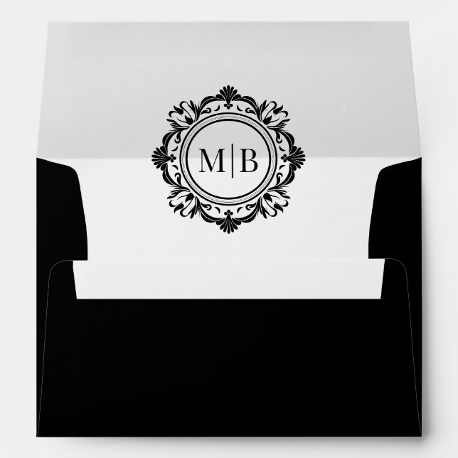 Ornate Floral Monogram Black White Wedding Envelope (Back (Bottom))