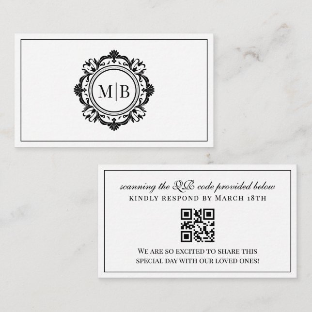 Ornate Floral Monogram Black White Wedding RSVP Enclosure Card (Front/Back)