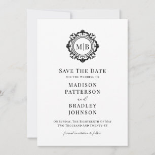Ornate Floral Monogram Black White Wedding Save The Date
