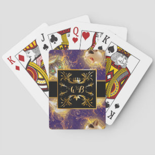 Ornate Floral Monogram Cute Cat - Royal Purple Playing Cards