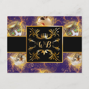 Ornate Floral Monogram Cute Cat - Royal Purple Postcard