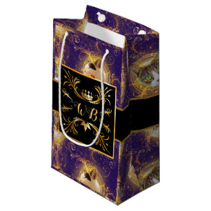 Ornate Floral Monogram Cute Cat - Royal Purple Small Gift Bag