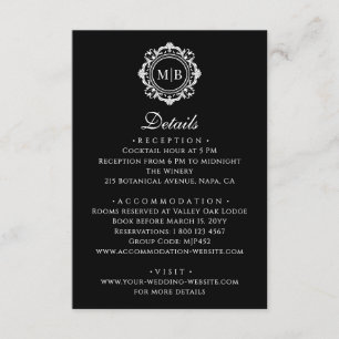Ornate Floral Monogram Elegant Black White Wedding Enclosure Card