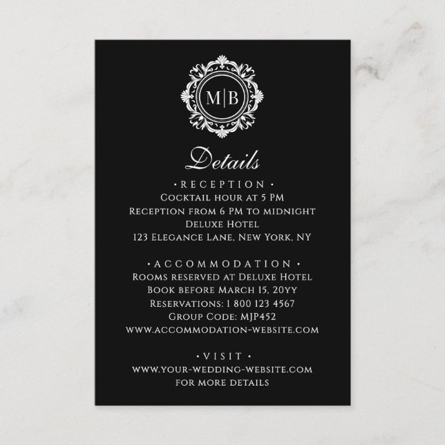 Ornate Floral Monogram Elegant Black White Wedding Enclosure Card (Front)