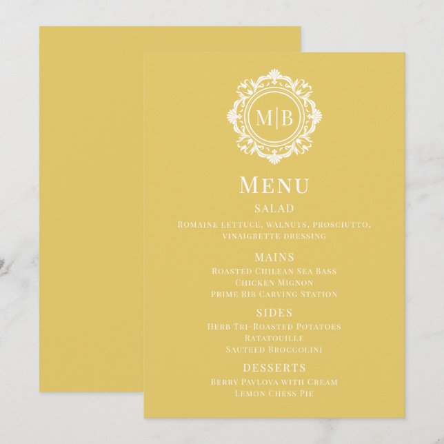 Ornate Floral Monogram Gold Wedding Menu (Front/Back)