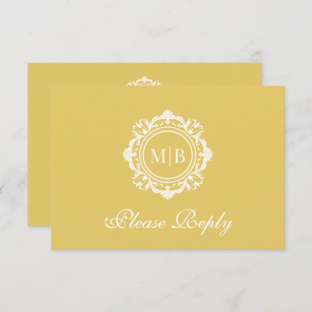 Ornate Floral Monogram Gold Wedding RSVP Card (Front/Back)