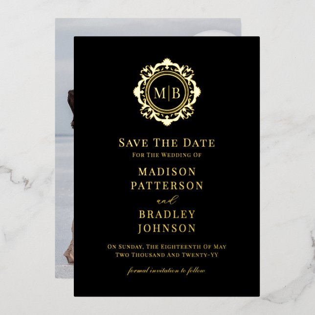 Ornate Floral Monogram Photo Wedding Save The Date (Front/Back)