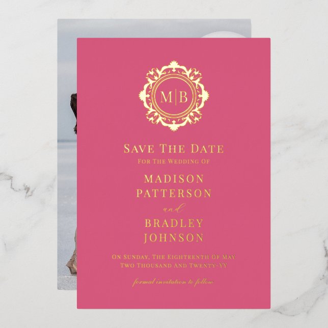 Ornate Floral Monogram Photo Wedding Save The Date (Front/Back)