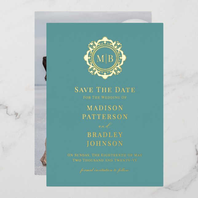 Ornate Floral Monogram Photo Wedding Save The Date (Front/Back)